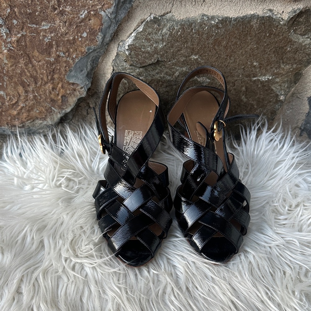 Salvatore Ferragamo Black Patent Leather Woven Slingback Heels